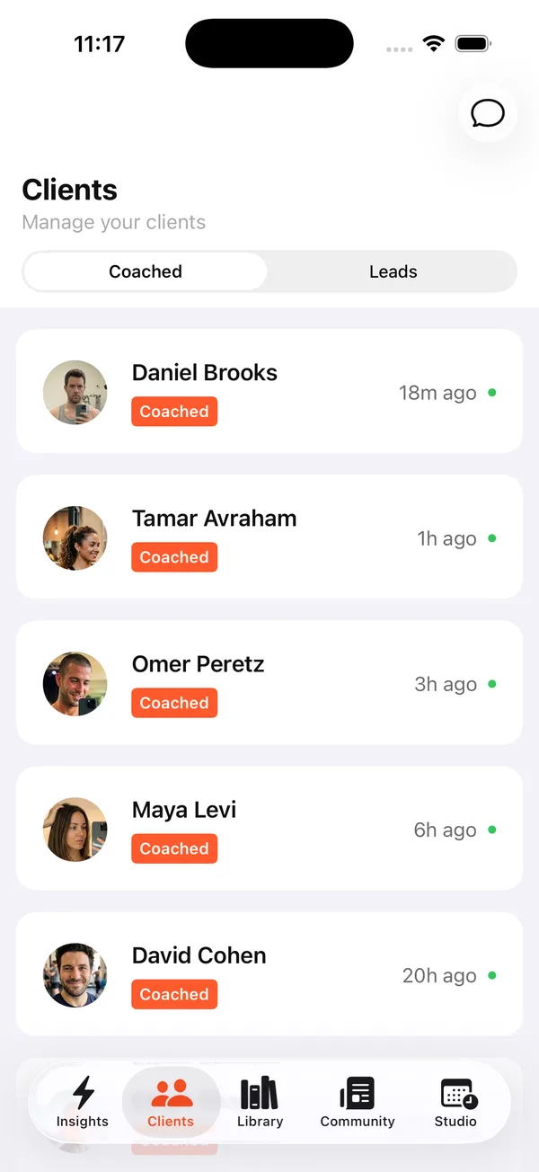 Coach app Clients screen with Coached and Leads tabs, listing Daniel Brooks, Tamar Avraham, Omer Peretz, Maya Levi and David Cohen, each tagged Coached with their last activity time