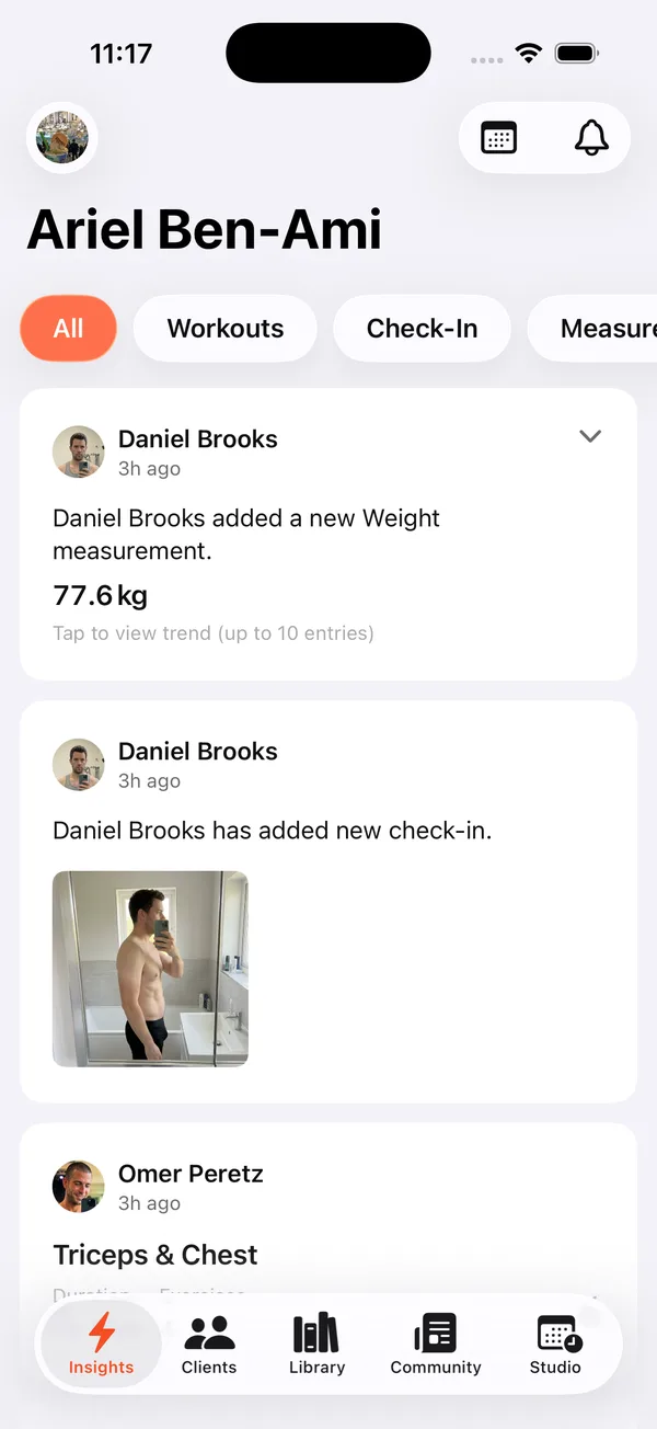 Coach app Insights feed for coach Ariel Ben-Ami with All, Workouts, Check-In and Measurements filters, showing Daniel Brooks adding a 77.6 kg weight measurement, Daniel Brooks adding a new check-in with a progress photo, and Omer Peretz finishing a Triceps & Chest workout