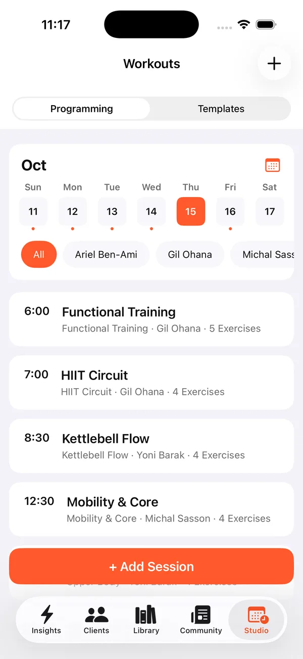 Coach app Studio tab with Programming and Templates, an October week strip with Thursday the 15th selected, coach filters All, Ariel Ben-Ami, Gil Ohana and Michal Sasson, sessions for Functional Training at 6:00, HIIT Circuit at 7:00, Kettlebell Flow at 8:30 and Mobility & Core at 12:30, and an Add Session button