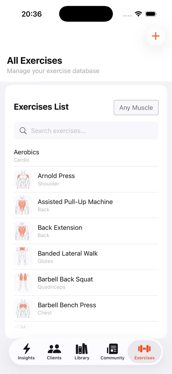 All Exercises screen in the Coach+ coach app with a search field, an Any Muscle filter and exercises such as Arnold Press, Assisted Pull-Up Machine, Back Extension and Barbell Back Squat, each with a muscle diagram