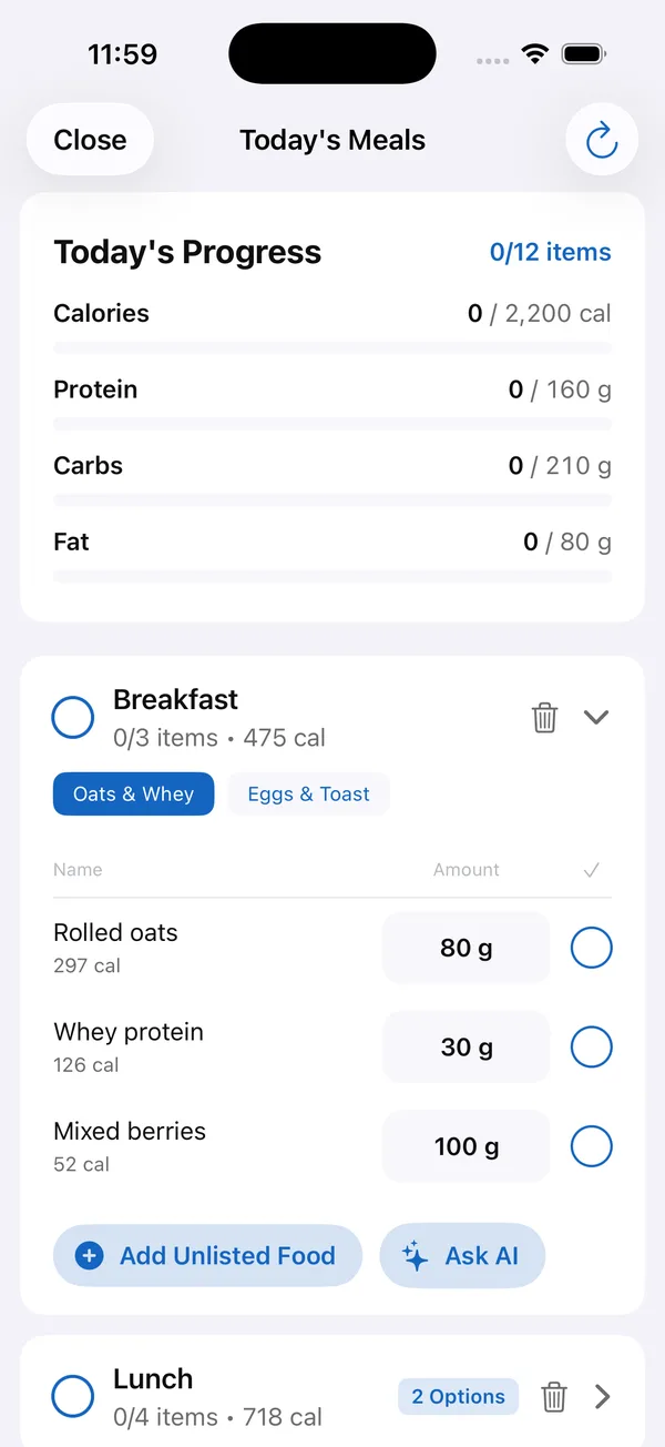 Today’s Meals screen with targets of 2,200 calories, 160 g protein, 210 g carbs and 80 g fat, and a breakfast with two options, Oats & Whey and Eggs & Toast, listing oats, whey protein and berries with amounts