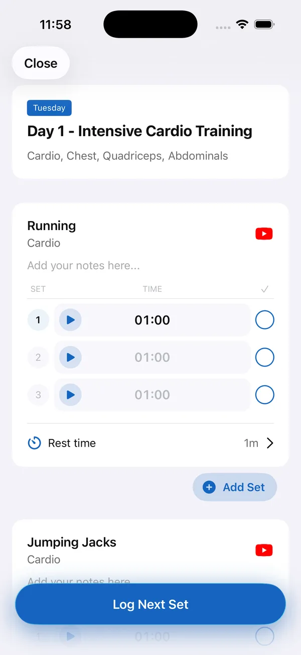 Client app showing Day 1 - Intensive Cardio Training, with Running as three 1:00 timed sets, a 1 minute rest time, a video icon and a Log Next Set button
