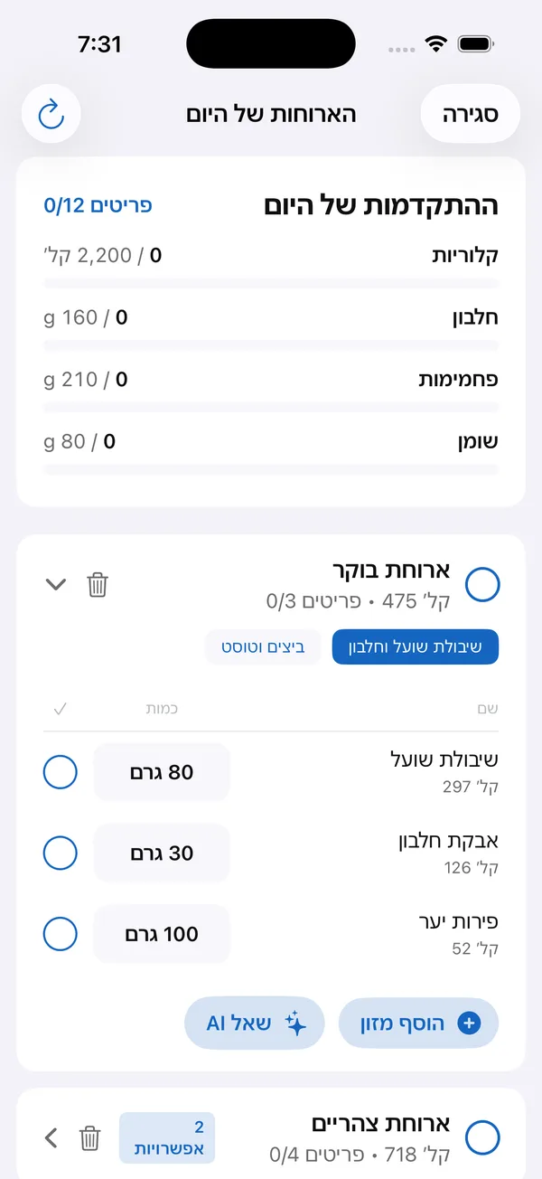מסך הארוחות של היום עם יעדים של 2,200 קלוריות, 160 גרם חלבון, 210 גרם פחמימות ו-80 גרם שומן, וארוחת בוקר עם שתי אפשרויות, "שיבולת שועל וחלבון" ו"ביצים וטוסט", עם שיבולת שועל, אבקת חלבון ופירות יער וכמויות