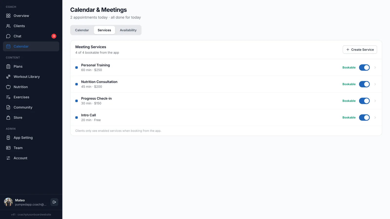 Coach+ Services tab listing four bookable meeting services: Personal Training 60 min $250, Nutrition Consultation 45 min $200, Progress Check-in 30 min $150 and Intro Call 20 min free