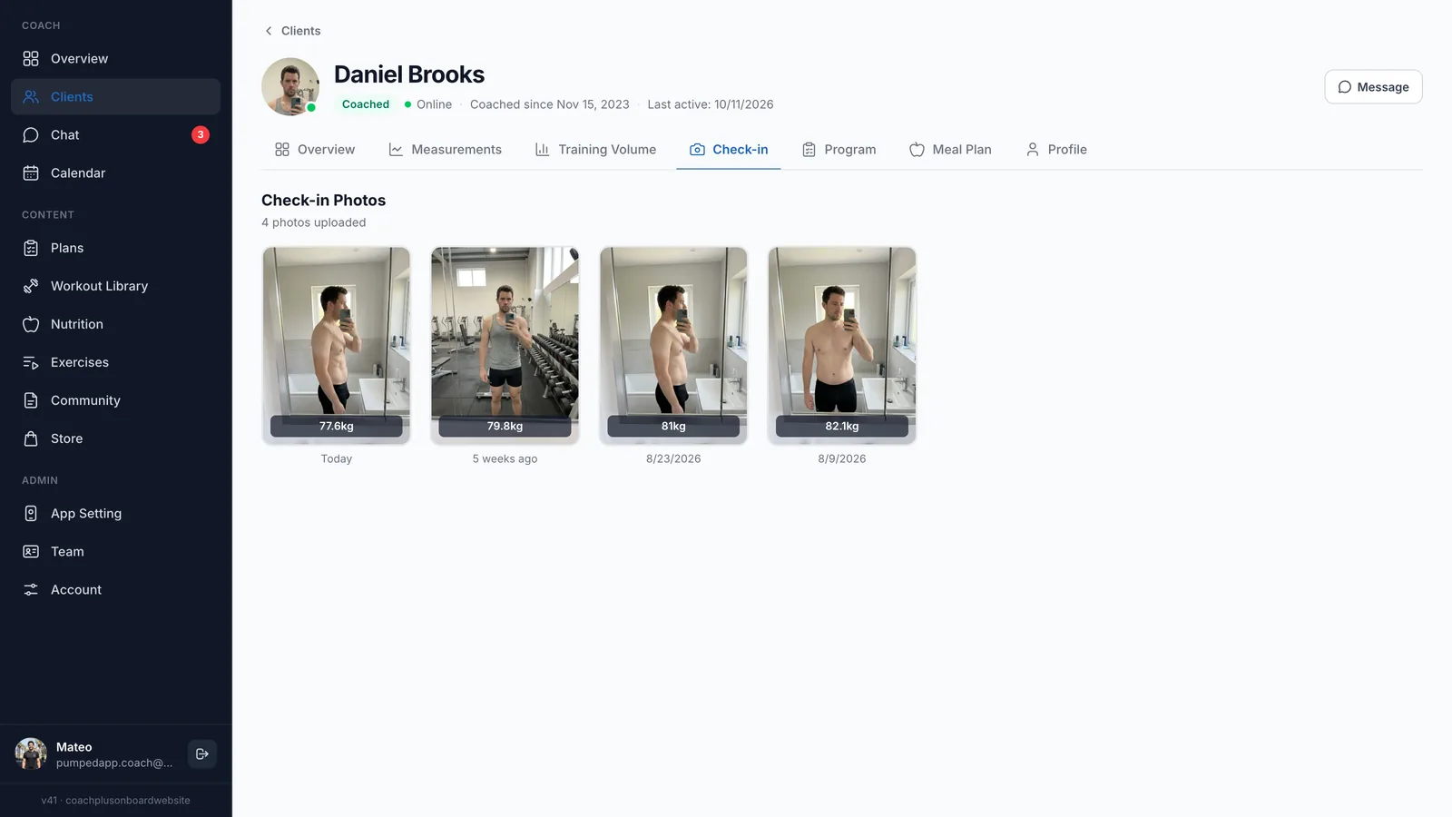 Check-in tab of Daniel Brooks in the Coach+ dashboard with four progress photos from 82.1 kg in August to 77.6 kg today, and a Message button at the top right