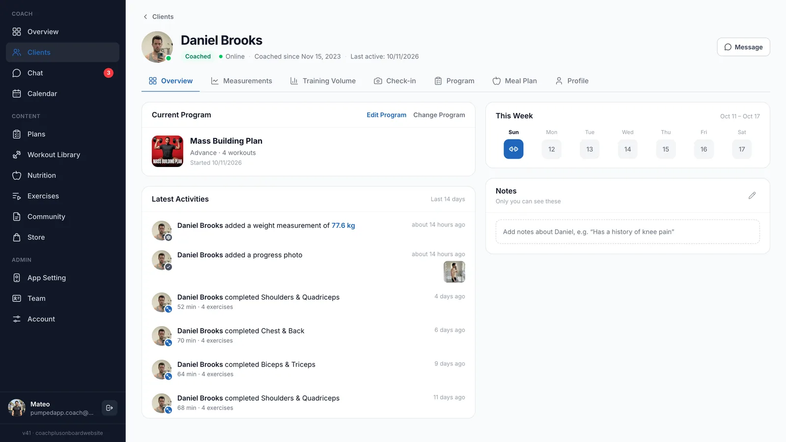 Overview tab of Daniel Brooks in the Coach+ dashboard with the Mass Building Plan, latest activities including a 77.6 kg weight entry, a progress photo and four completed workouts, a This Week calendar and private notes