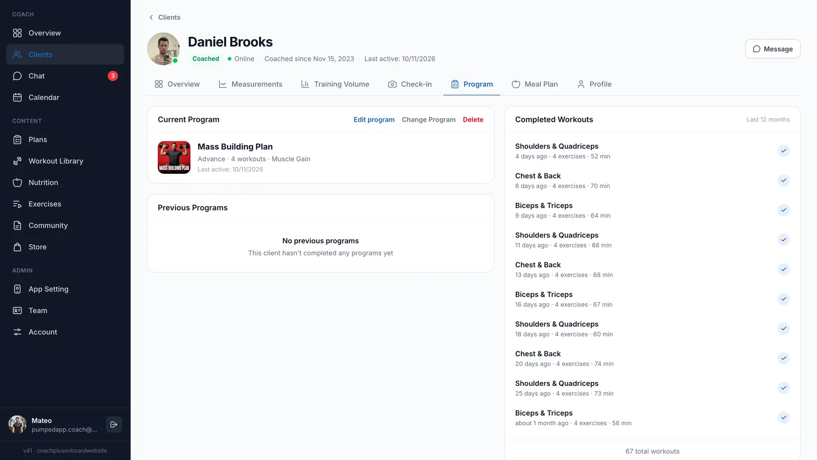 Program tab for client Daniel Brooks in the Coach+ dashboard with the current Mass Building Plan (Advance, 4 workouts, Muscle Gain), Edit program and Change Program links, and a Completed Workouts list of the last 12 months with 67 total workouts