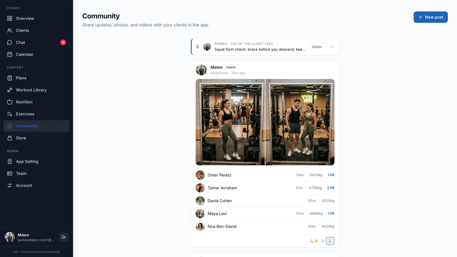 Coach+ dashboard Community page with a pinned squat form tip at the top and a BodyPump post by coach Mateo showing two gym photos and five clients with their time, volume in kg and PRs