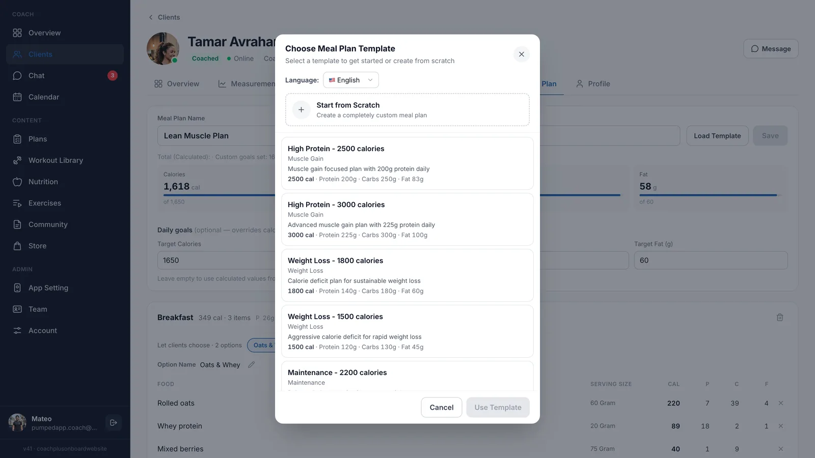 Choose Meal Plan Template window in Coach+ with a Start from Scratch option and templates such as High Protein 2500 calories, Weight Loss 1800 calories and Maintenance 2200 calories