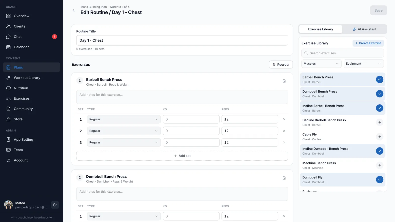 Coach+ workout editor for Day 1 - Chest with Barbell Bench Press at 3 sets of 12 reps and the exercise library panel with the selected chest exercises checked