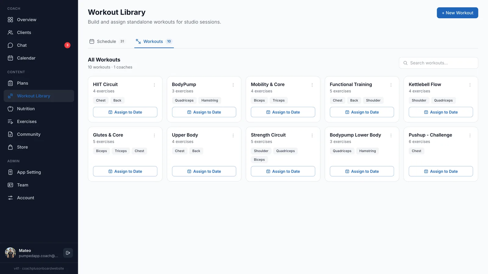 Coach+ Workout Library with standalone workouts such as HIIT Circuit, BodyPump and Mobility & Core, each with muscle tags and an Assign to Date button