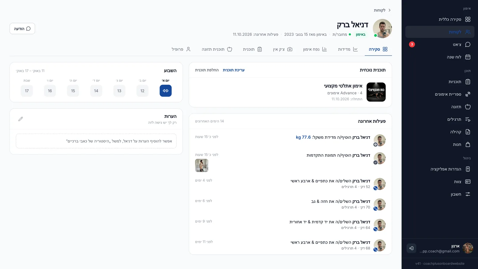 לשונית הסקירה של דניאל ברק בדשבורד של ⁦Coach+⁩ עם התוכנית הנוכחית, פעילות אחרונה הכוללת מדידת משקל של 77.6 ק״ג, תמונת התקדמות וארבעה אימונים שהושלמו, לוח שבועי והערות פרטיות