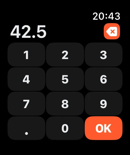 Apple Watch number pad with 42.5 entered, digits 0 to 9, a decimal point, a delete key and an OK button