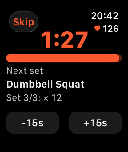 Apple Watch rest timer at 1:27 with a progress bar, the next set Dumbbell Squat Set 3 of 3 for 12 reps, -15s and +15s buttons and a Skip button